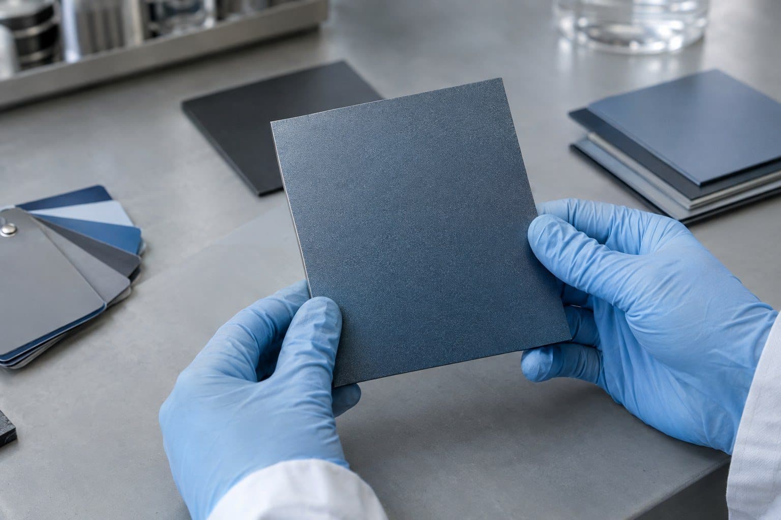 Gloved hands examining a textured powder-coated sample