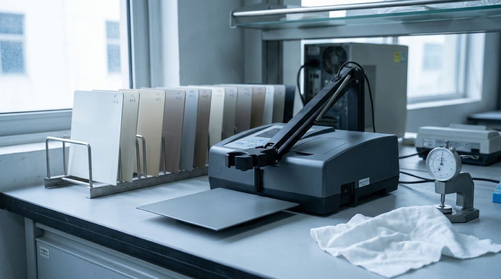 Benchtop spectrophotometer and a rack of coated test panels in a coatings laboratory