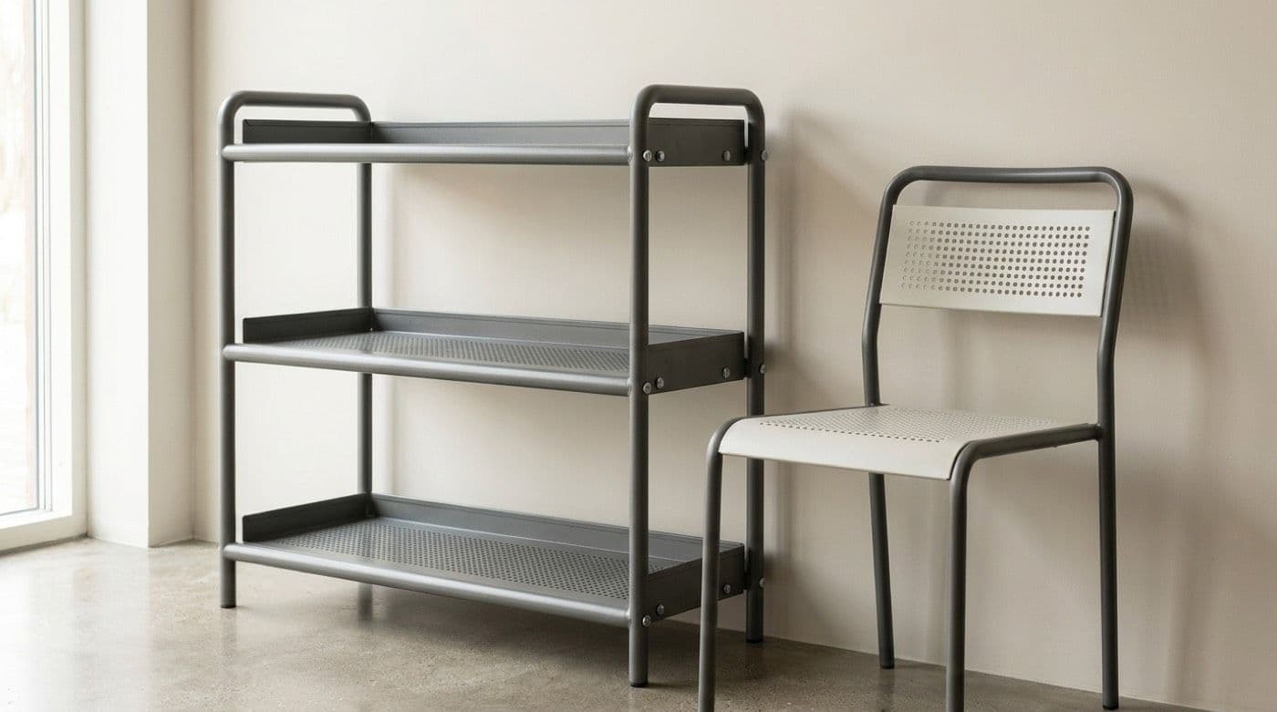 Powder-coated tubular steel shelving and a steel chair in a daylit room
