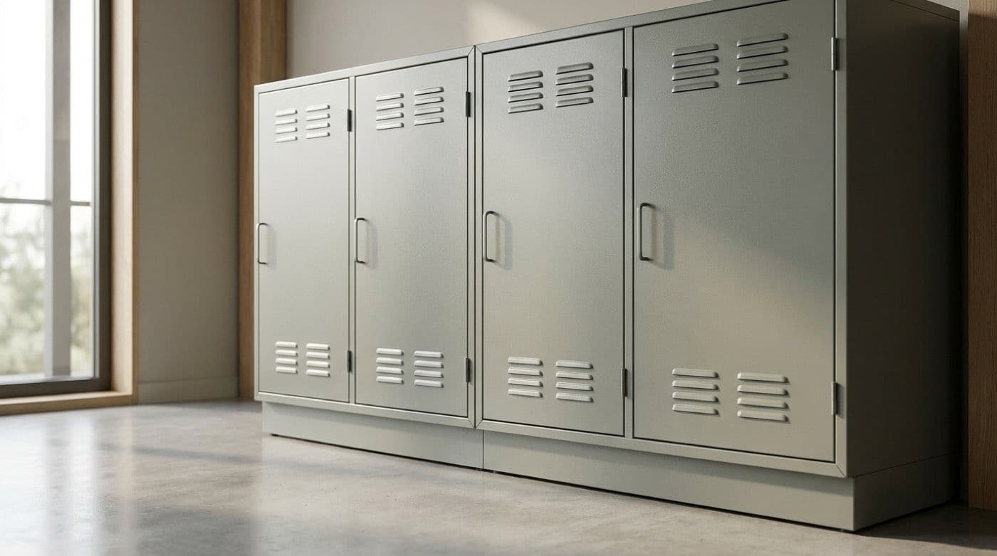Powder-coated steel storage cabinets with louvred vents and metal handles