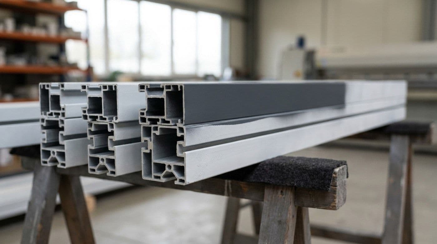Coated aluminium profiles on trestles in a workshop, the cut ends showing the chambers