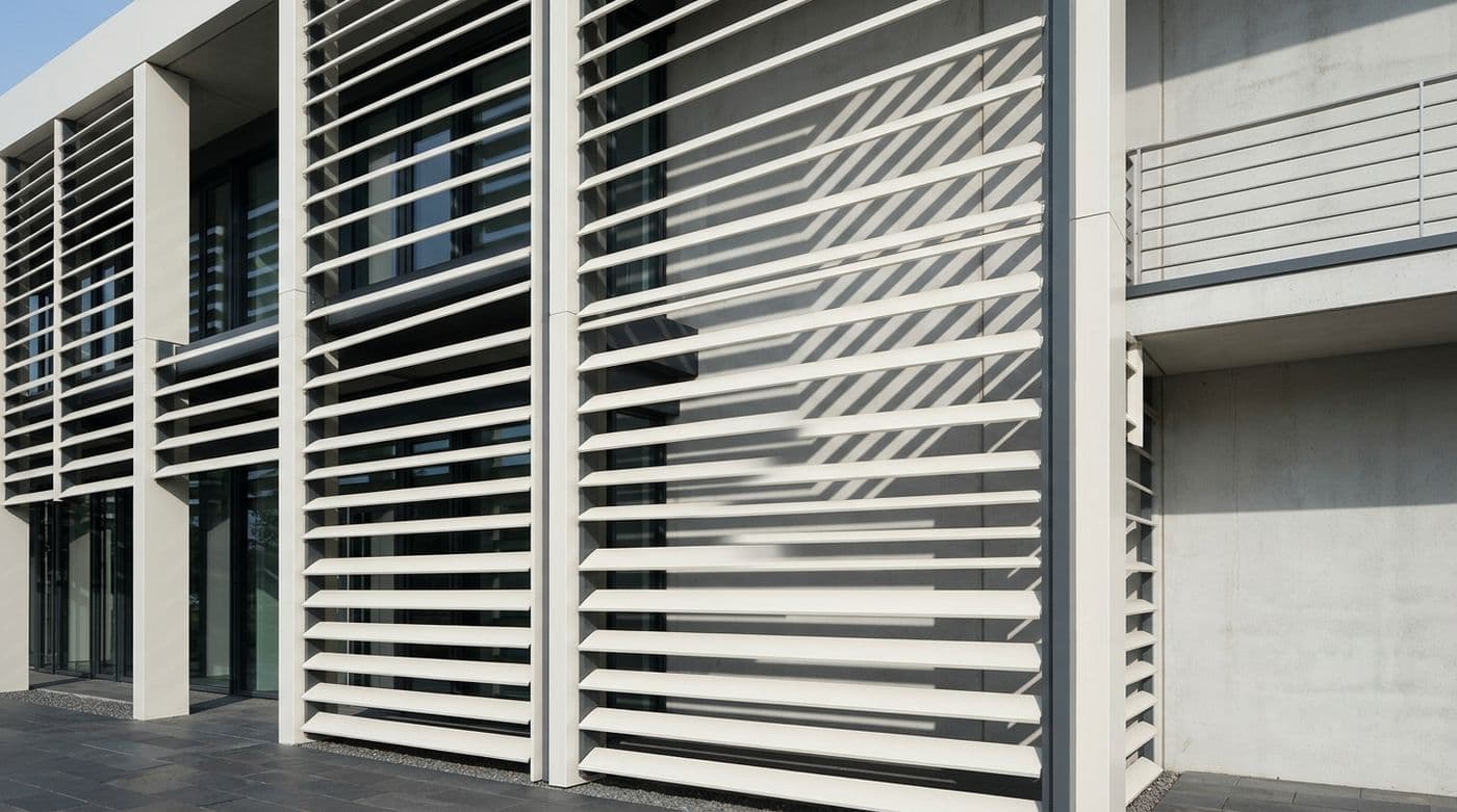Beschichtete Aluminium-Sonnenschutzlamellen über eine Gebäudefassade