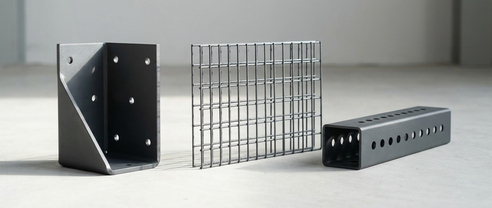 Three powder-coated steel parts with different geometry: a bracket with an internal corner, a welded-mesh section and a perforated box profile