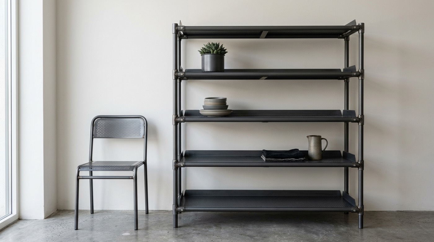 Coated steel furniture frame and shelving unit