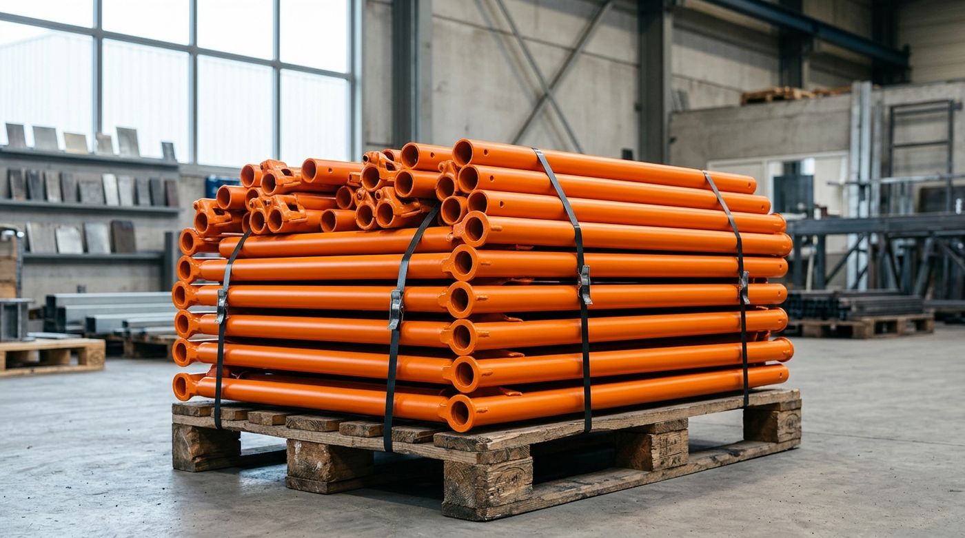 Signal-orange coated scaffolding components banded for transport